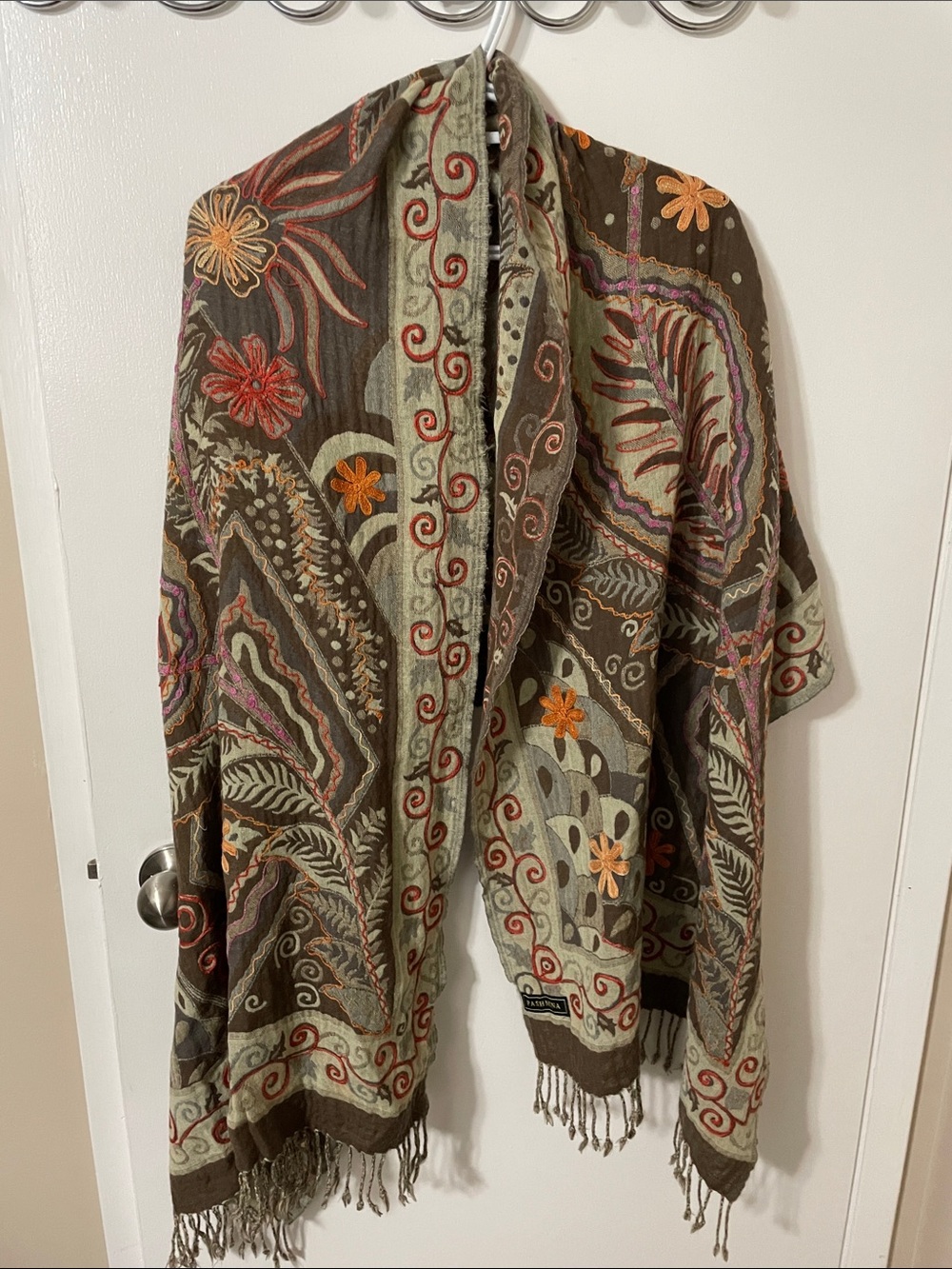 Pashmina with Embroidered Paisley Fringe Scarf